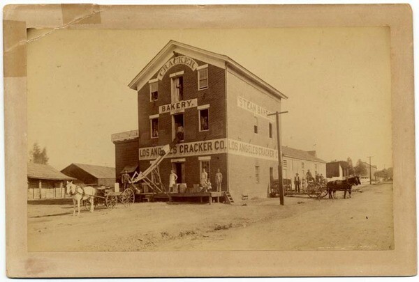 The Los Angeles Cracker Company, seen here circa 1886, stood at the junction between Aliso Street and Old Aliso Road. Courtesy of the California State Library.