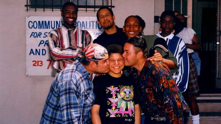 Now Congresswoman Karen Bass (center) and co-author Marqueece Harris Dawson top left corner, and other SCYEA youth in the 1990s. | Community Coalition