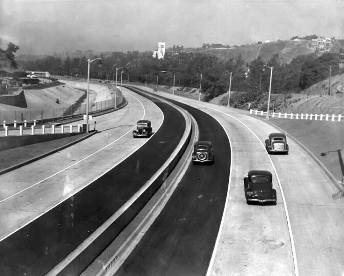 1940 photo of the Arroyo Seco Parkway (CA-110), courtesy of the Los Angeles Public Library's Herald-Examiner Collection