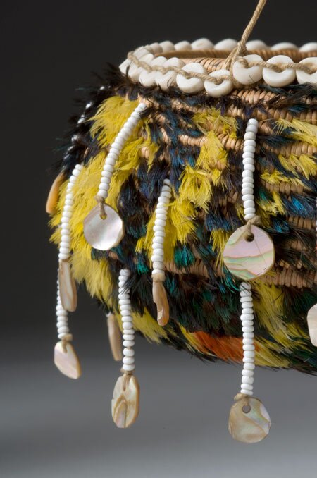 Pomo feathered basket closeup