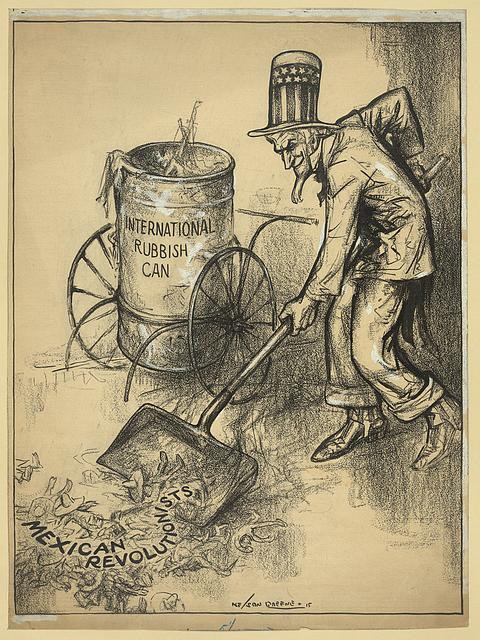 Cartoon depicting Uncle Sam picking up Mexican revolutionists with a shovel for the international rubbish can. (1915) | Nelson Greene / Library of Congress