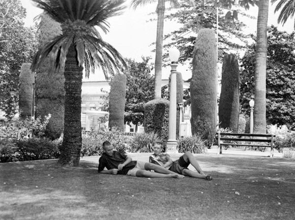 The circular park at the center of town has long been a popular place for relaxing. 1960 photograph courtesy of the USC Libraries - Los Angeles Examiner Collection.