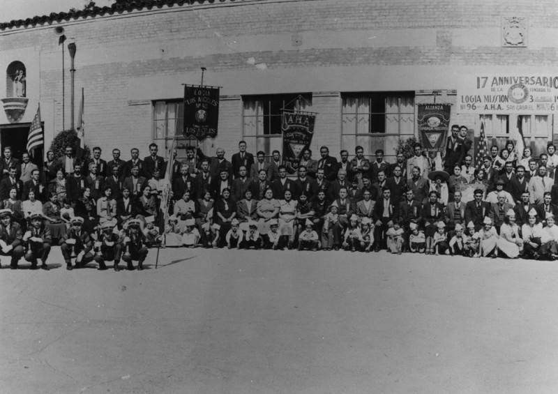 Alianza Hispano Americana group picture taken at the San Gabriel Mission in 1938.