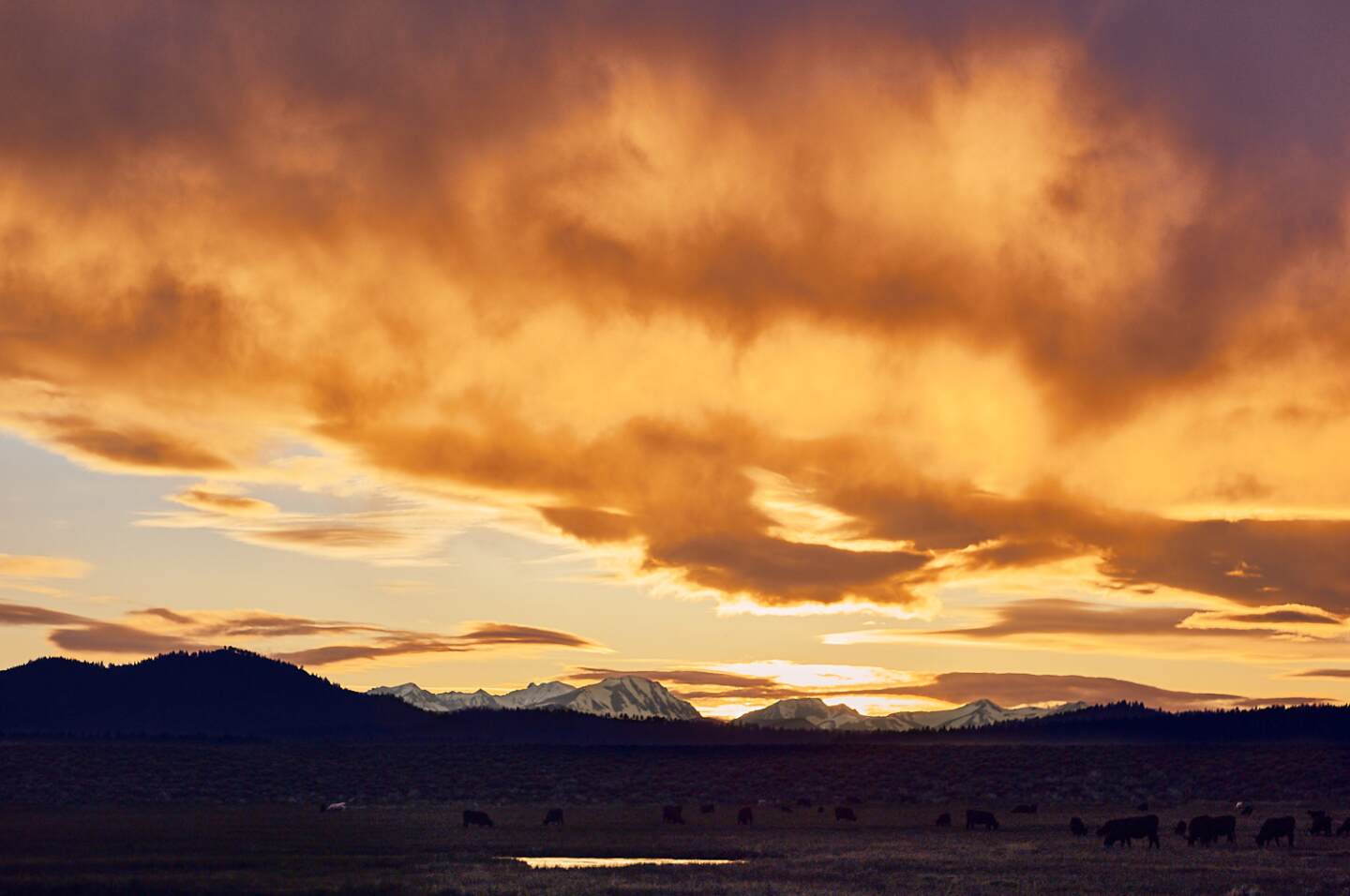 An orange, cloudy sunset against the outline of mountains.