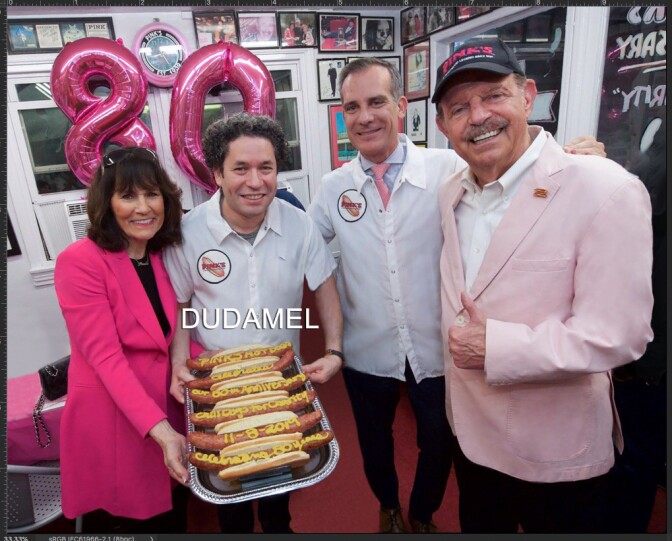 Gloria Pink, Gustavo Dudamel, Mayor Eric Garcetti and Richard Pink at the restaurant's 80th anniversary on November 8, 2019 | Pink's Hot Dogs