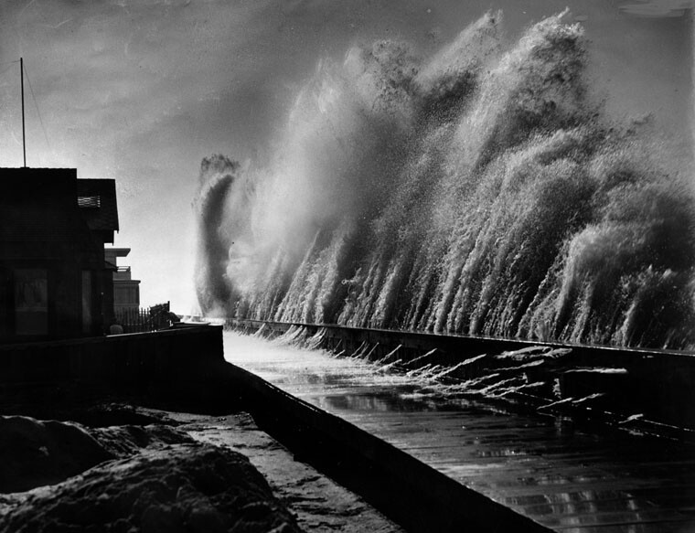 Waves pound the coast of Belmont Shore, Long Beach, during a 1939 tropical storm.