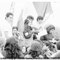 CSRC_LaRaza_B15F10C1_Staff_025 Protesters at Franklin D. Roosevelt Park rally | Maria Marquez Sanchez, La Raza photograph collection. Courtesy of UCLA Chicano Studies Research Center