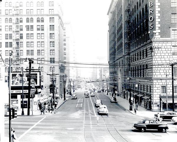 Circa 1960 view of Seventh Street, looking east from Figueroa. Courtesy of the Metro Transportation Library and Archive. Used under a Creative Commons license.