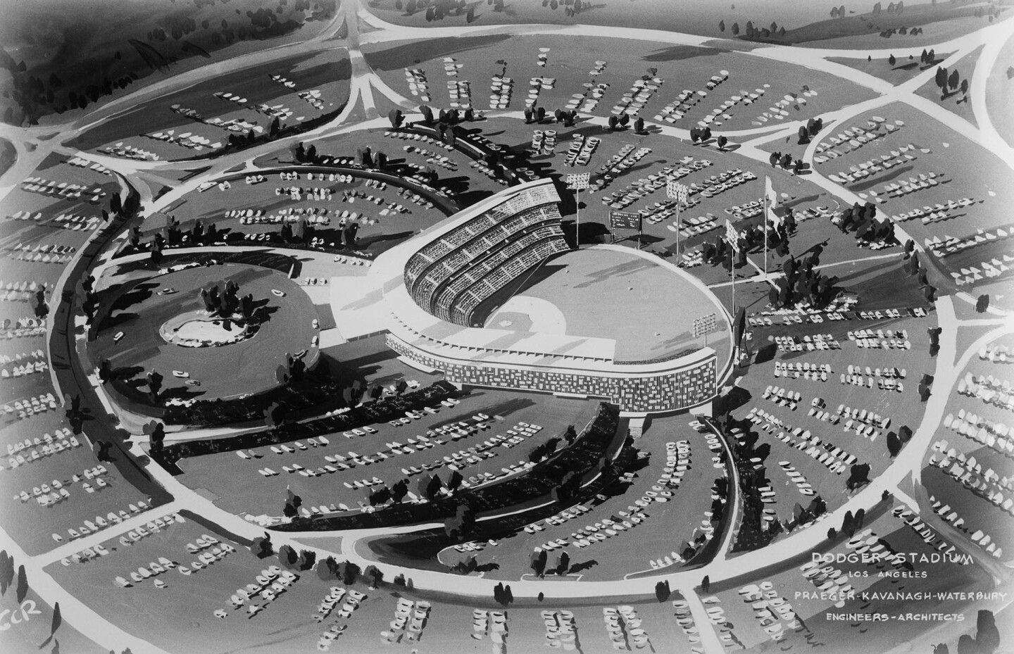 This 1959 architectural drawing of Dodger Stadium did not envision outfield pavilions, which were later added to the design. Courtesy of the USC Libraries - California Historical Society Collection.