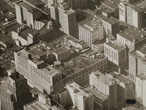 An undated oblique aerial photo of downtown Los Angeles at Eighth and Broadway. Courtesy of the Watson Family Photographic Archive.