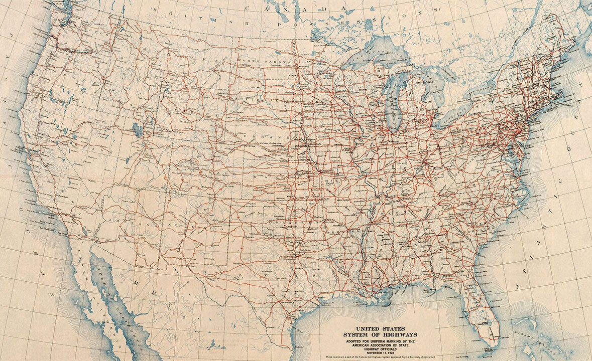 Official map of the original US numbered highways, as adopted by the joint board of state highway engineers in 1926.