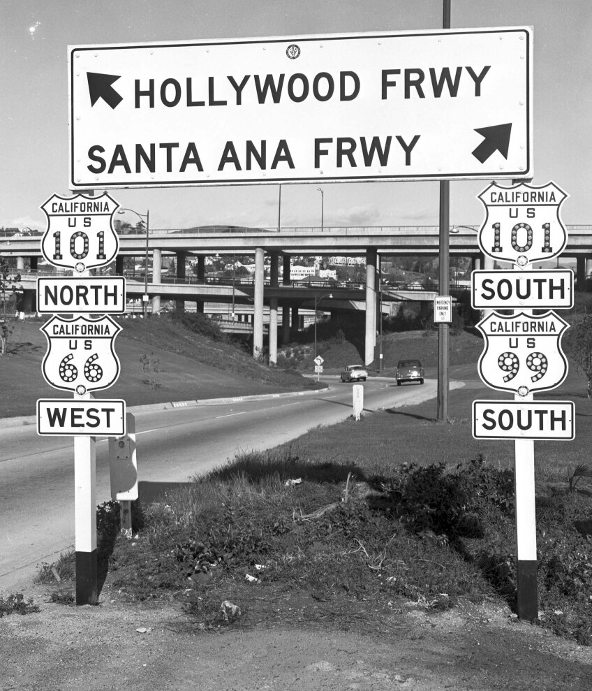 In 1953, US-66, US-99, and US-101 met at the Four-Level Interchange. Of these, only the 101 remains an active highway route. Courtesy of the Automobile Club of Southern California Archives.