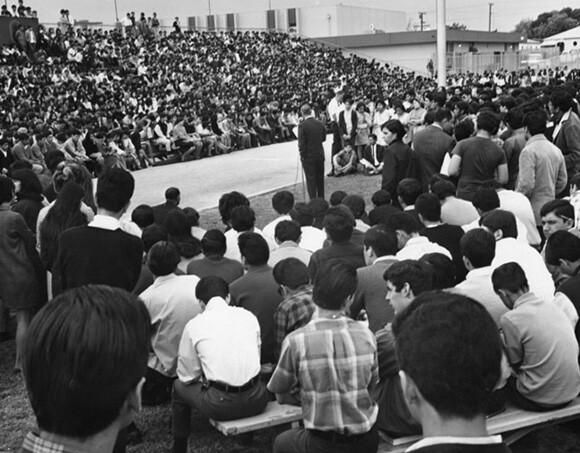 Garfield High School principal appealing to students to return to classes, March 7th 1968. Photo courtesy of the Los Angeles Public Library