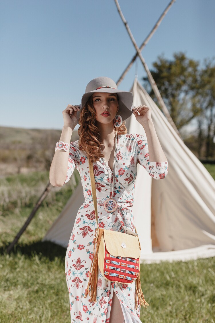 Model Mariah Watchman wearing B. Yellowtail designs