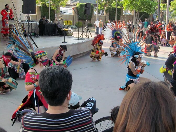 Several danzantes give a danza presentation at a Juneteenth celebration in Boyle Heights’ Mariachi Plaza | Anthony Nittle