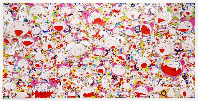 "Hustle'n'Punch By Kaikai And Kiki," 2009 by Takashi Murakami, acrylic and platinum leaf on canvas mounted on aluminum frame, 118 1/8 x 239 3/8 x 2 in. (300.04 x 608.01 x 5.08 cm); Courtesy of The Broad Art Foundation. Image ©Murakami