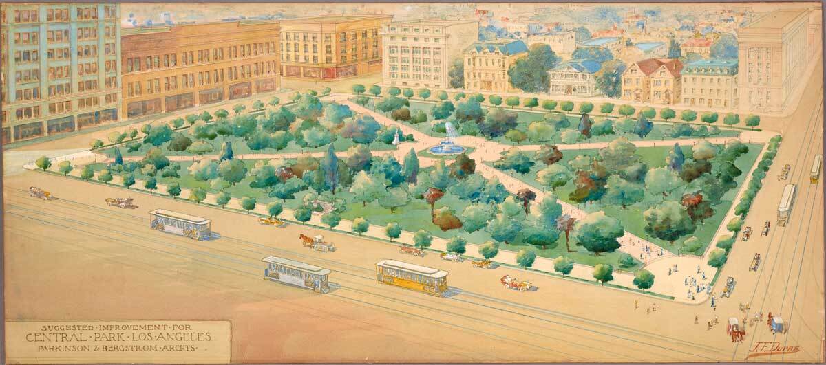 A watercolor rendering of suggested improvements for Pershing Square by architects John Parkinson and George Edwin Bergstrom drawns by J. F. Dupre circa 1910 | The Huntington Library, Art Museum, and Botanical Gardens