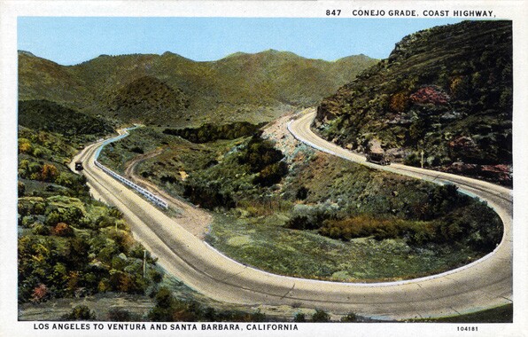 Conejo Grade along El Camino Real between Los Angeles and Ventura, circa 1930. Courtesy Loyola Marymount University Library's Werner Von Boltenstern Postcard Collection