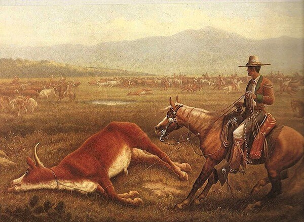 Painting of a Vaquero in action roping cattle during 1830s Spanish California | Public domain image