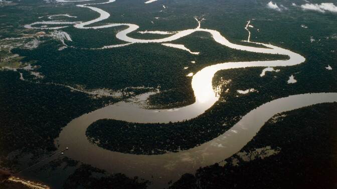 Aerial view of bends in the Amazon River in Peru. | DeAgostini/Getty Images