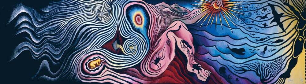 Judy Chicago, The Creation from the Birth Project, 1984, Modified Aubusson tapestry 42 x 163 inches. Executed by Audrey Cowan Collection of the Museum of Arts and Design, NY; gift of the Robert and Audrey Cowan Family Trust