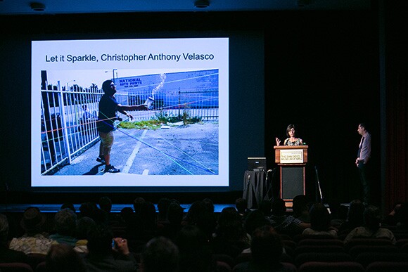 Caribbean Fragoza and Romeo Guzman presenting their work as South El Monte Arts Posse. LA/LA Place + Practice May 2, 2014. San Diego Museum of Art. | Photo by Bauman Photographers.