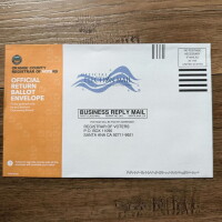 The front of an Orange County mail-in ballot return envelope.