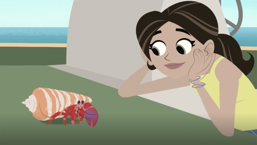 A cartoon woman with a long brown ponytail wearing a yellow shirt looks at a hermit crab.