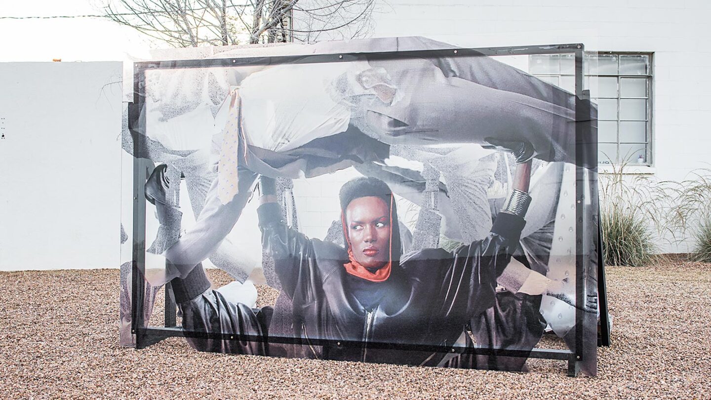 "Grace Jones Billboard" (2018) by Jibade-Khalil Huffman. Transparency on plexi with wood frame support. | Courtesy of the artist and Anat Ebgi