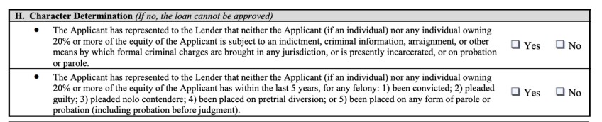 Questions on the Federal Paycheck Protection Program about "Character Determination"