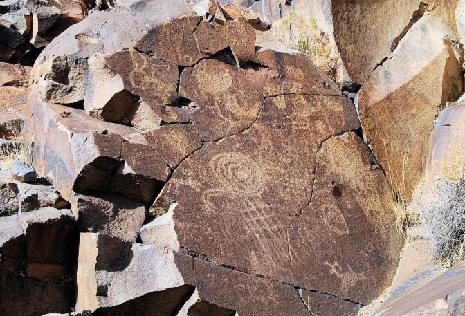 Abstract petroglyphs at at Coso Rock Art District National Historic Landmark | Courtesy of Maturango Museum No Trespassing AB s9