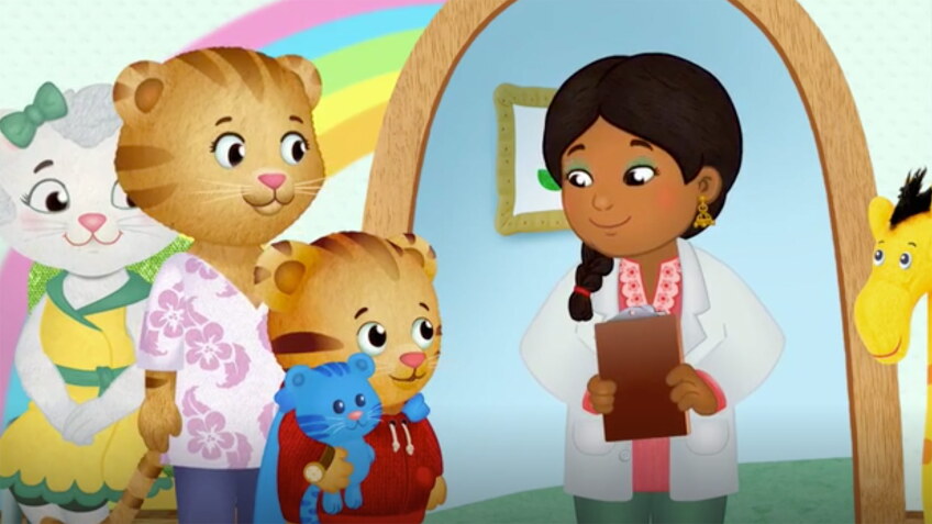 A small cartoon tiger and his mother visit a doctor.