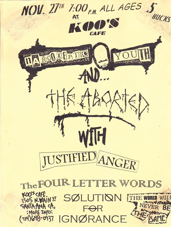 Narcoleptic Youth and The Aborted flyer, Koo's Cafe, 1998. | Courtesy of The Aborted.