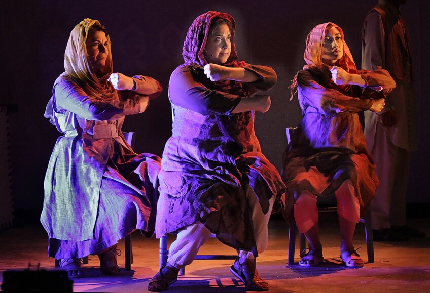 Left to Right: Phyllis Pancella (Mother), Kamala Sankaram (Mukhtar Mai) and Leela Subramaniam (Annu) in the LA Opera Off Grand 2017 production of "Thumbprint." I Larry Ho