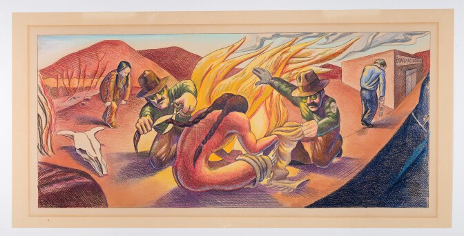 A final coloration of Judy Baca's "The Great Wall of Los Angeles 1950: Indian Assimilation." A person, assumed to be Indigenous, can bee seen sitting in front of a fire with braids down their back as an individual in a brimmed hat and sunglasses is seen cutting off the person's braids with scissors.