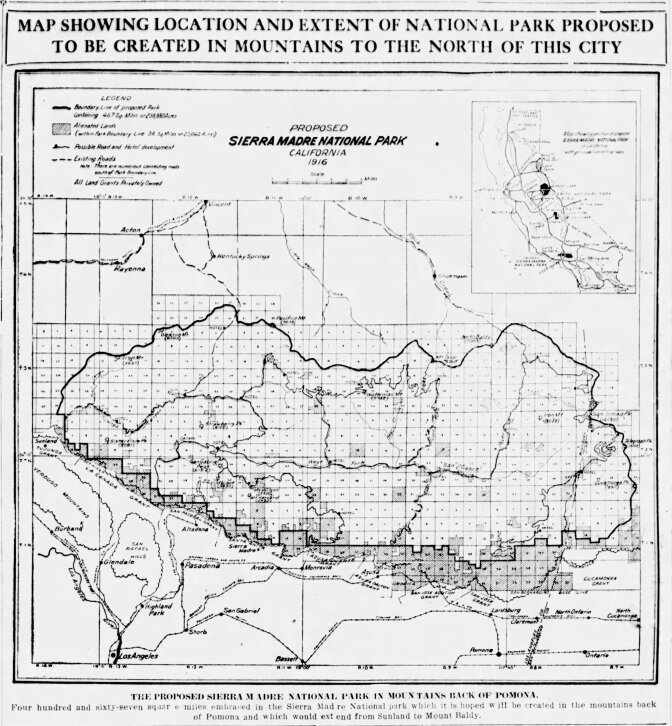 A General Land Office map of the proposed Sierra Madre National Park, as it appeared in the Pomona Bulletin.