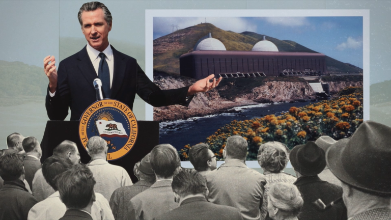 collage of color and black-and-white photos depicting governor gavin newsom at a podium in front of a crowd pointing to retro photo of diablo canyon
