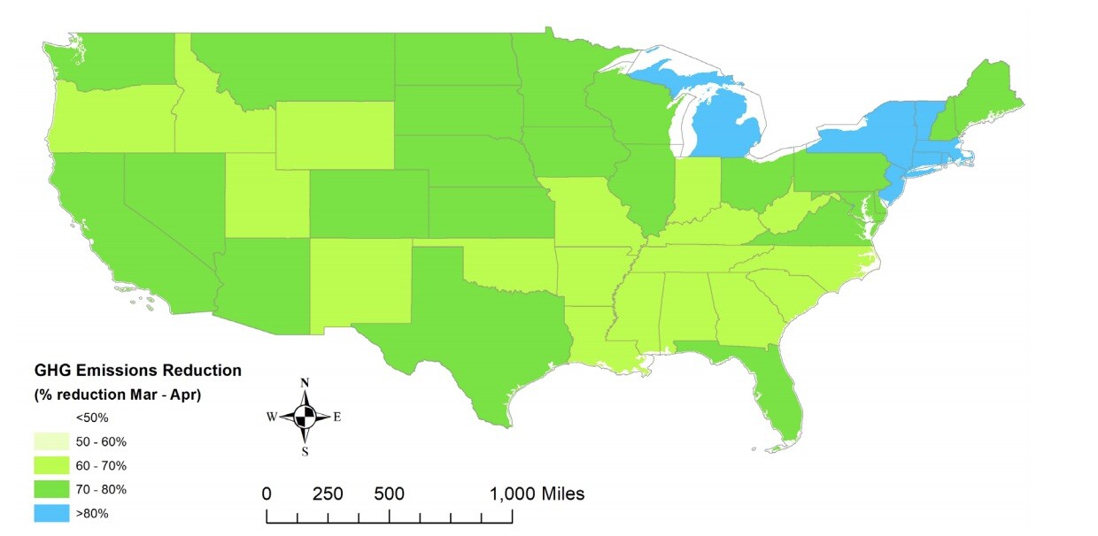 GHG emissions reductions between the first week of March and the second week of April (pre and post stay-at-home orders) for each of the lower-48 states and District of Columbia. | Road Ecology Center, UC Davis