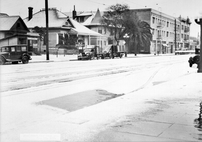 Snow on L.A.'s Pico Boulevard, looking east from Union in 1930