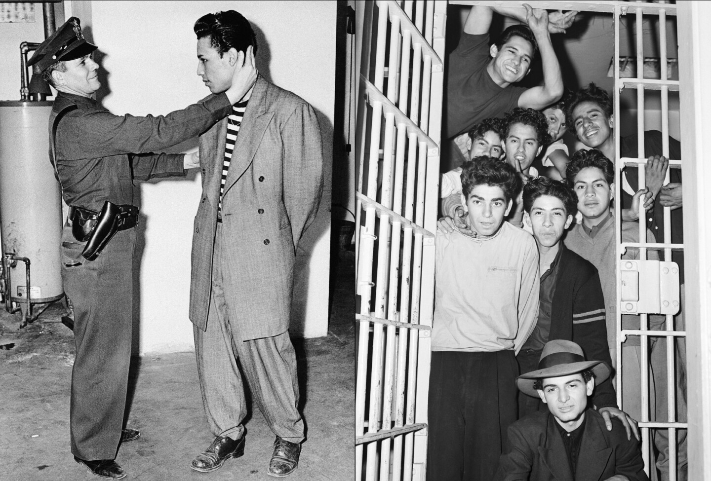 Deputy Sheriff Bartley Brown of East Los Angeles inspects the haircut of prisoner Alex “Largo” Rodriguez, who is wearing an $85.00 zoot suit, 1943. / Young zoot suiters in a jail cell following the Zoot Suit Riots