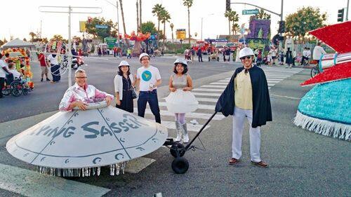 "Flying Sasser" replica with Charles Phoenix, 2014. | Photo: Courtesy of Anaheim Halloween Parade.