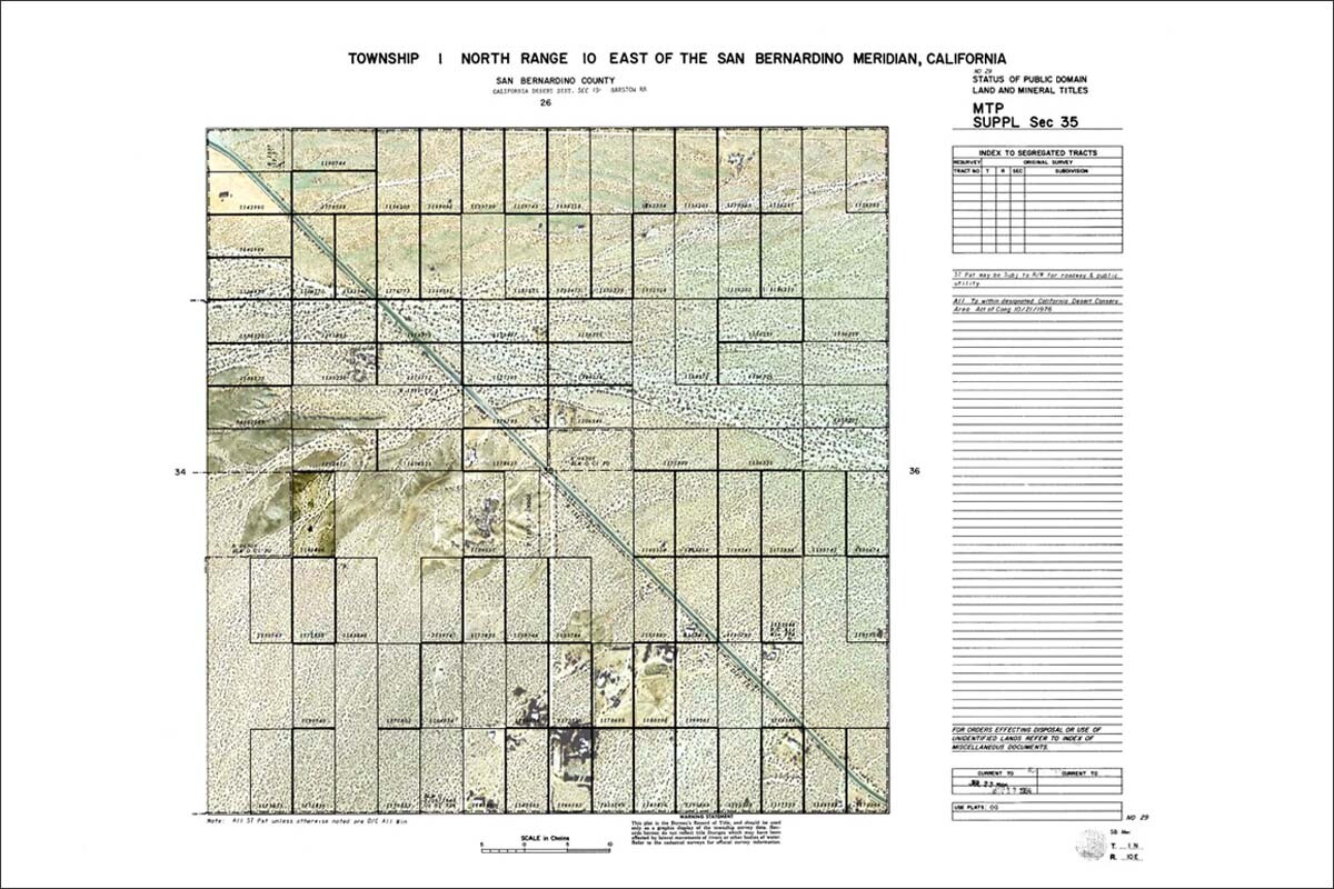 A modified survey plat of Section 35 in Wonder Valley, California, showing the Worth Brewer Homestead parcel south of State Highway 62. | Collection of Kim Stringfellow