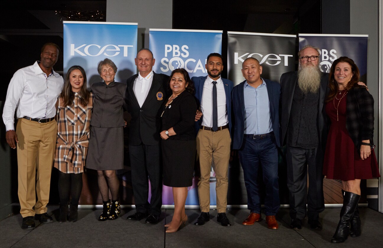 (L to R) Pastor Stephen Cue Jn-Marie (2019 KCET & PBS SoCal Local Heroes honoree), Local Heroes nominees Mary Vu Iammarino, Lois Arkin, Jerry Herrera, Mari Morales Rodriguez, Mynor Godoy, Steve Kim, Don Larson, and Alison Suffet Diaz 2019 KCET & PBS SoCal