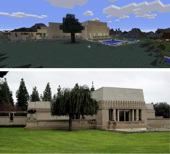 A side-by-side of the original and the Wrightcraft recreation of Frank Lloyd Wright's Hollyhock House | Kate Hedin FLW AB s9 1200