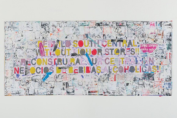 Mark Bradford, "Rebuild South Central" 2015. Mixed media on canvas. 43 x 96 in. (109.2 x 243.8 cm). | Photo: Joshua White. Courtesy of the artist and Hauser & Wirth.