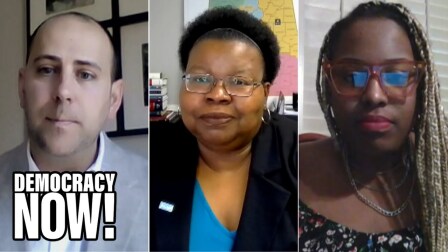 Three individual photos of guests on video call on "Democracy Now!"