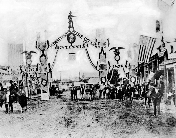 Los Angeles' Thirty-Eighth Fire Company celebrates the centennial of American independence on July 4, 1876. Courtesy of the Title Insurance and Trust / C.C. Pierce Photography Collection, USC Libraries.