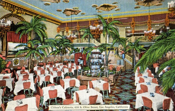Interior of the Clifton's Pacific Seas Cafeteria, which was closed in 1960. Courtesy of the Los Angeles Public Library Photograph Collection.