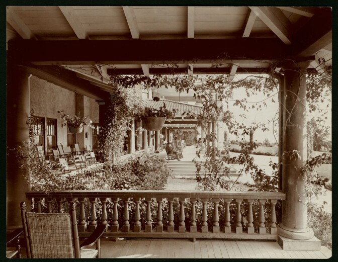 Circa 1890 view of the Raymond Hotel porch. Courtesy of the Title Insurance and Trust / C.C. Pierce Photography Collection, USC Libraries.