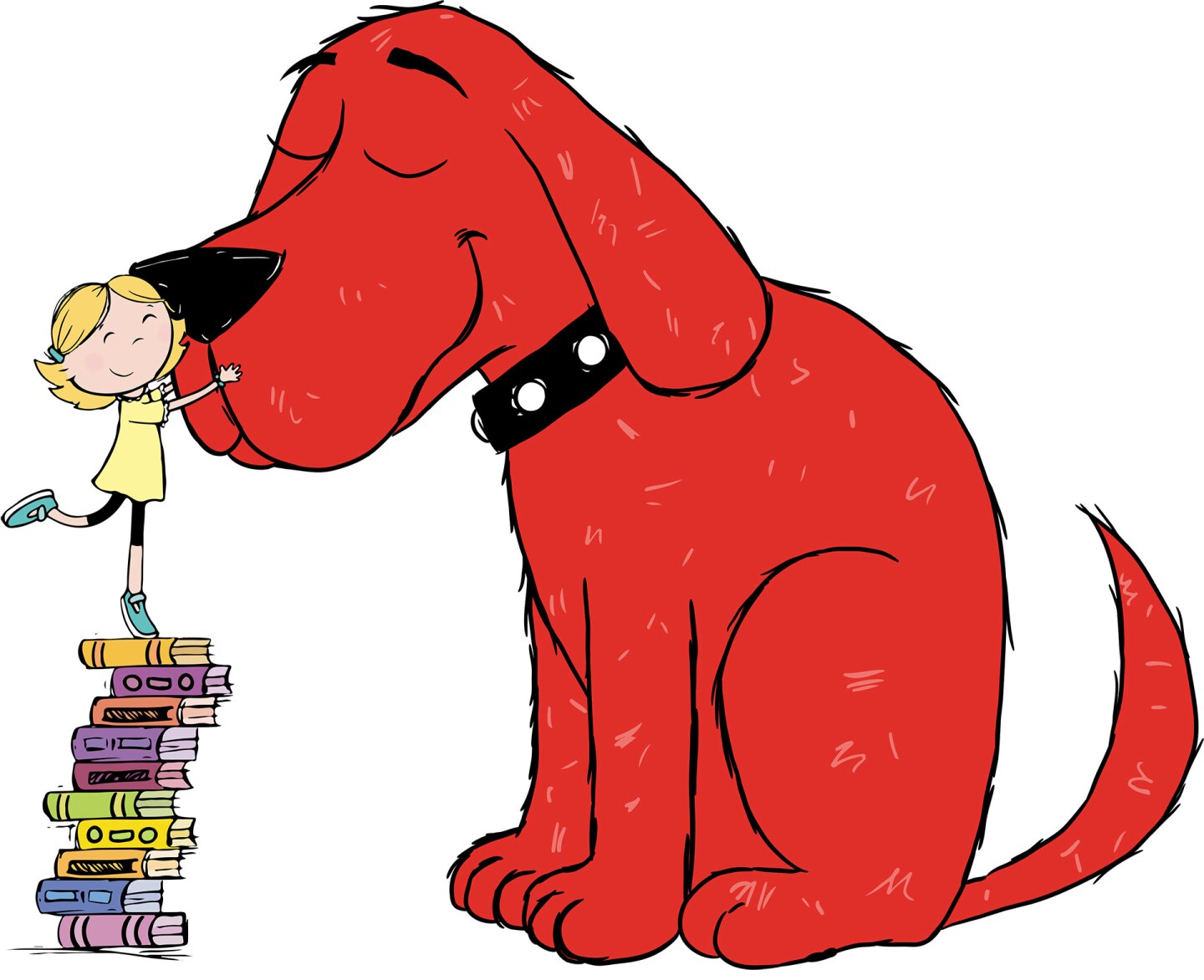 A large cartoon dog get a hug on his nose from a small girl standing atop a pile of books to reach him.